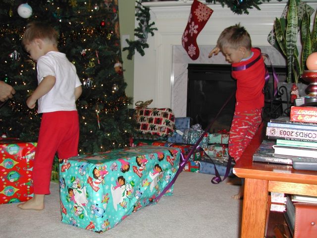 Tearing into the presents on Christmas morning