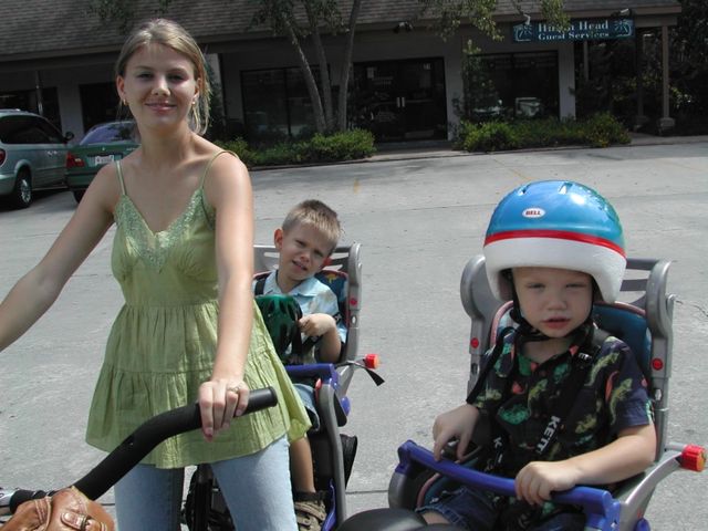 Dani, Kevin, and Ryan ready to ride bicycles in Hilton Head, SC