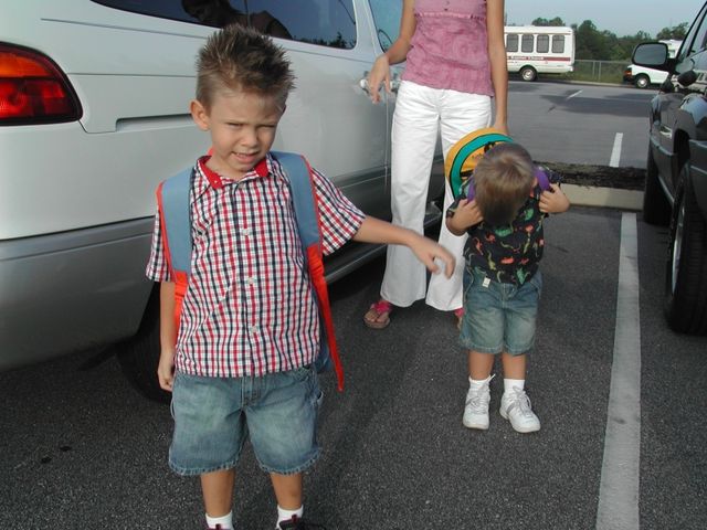 Kevin and Ryan in the parking lot on the first day of school 2006 at Rocky Creek Baptist Church Preschool